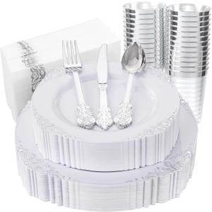 Nervure 175PCS Silver Plastic Plates - White and Silver Disposable Plates for 25 Guests Include 50Plates, 25Cups, 25Forks, 25Knives, 25Spoons, 25Napkins for Wedding & Party