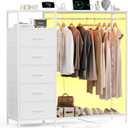 47 Inch White Dresser with LED Lights & Hanging Rack, 5 Drawer Fabric Dresser with Charging Station and Shelves, Tall Closet Organizer for Bedroom Clothes Storage
