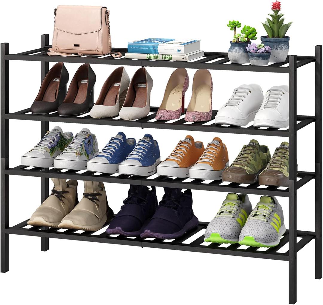 viewcare Black 4-Tier Long Shoe Rack, Bamboo Wood, 33-Inch