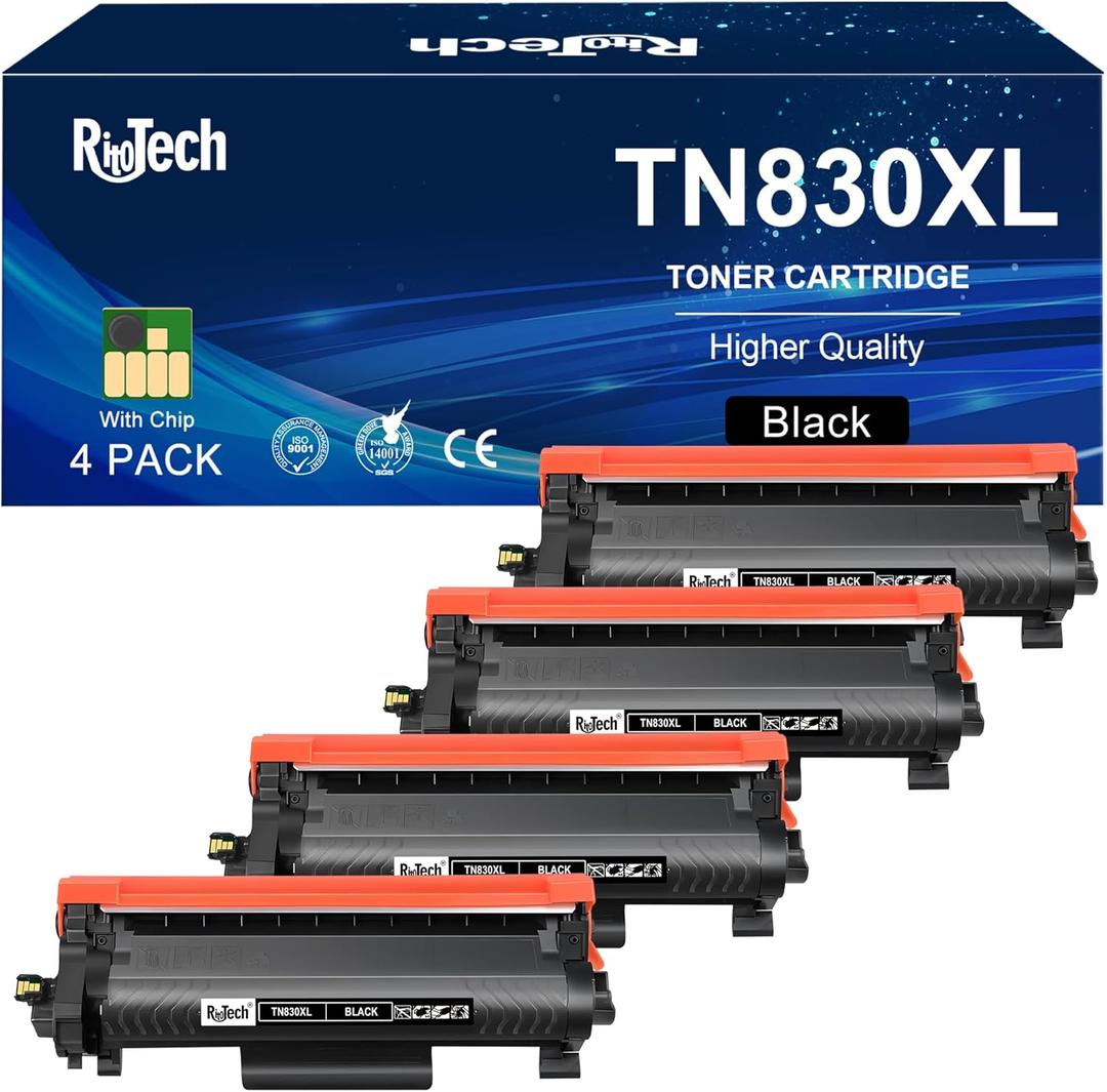 RitoTech TN830 TN-830XL Black Toner Cartridges - for Brother TN830 TN-830 TN-830XL TN830XL 830 830XL for Brother HL-L2460DW DCP-L2640DW HL-L2400D MFC-L2820DW HL-L2405W Printer, 4 Pack (with Chip)