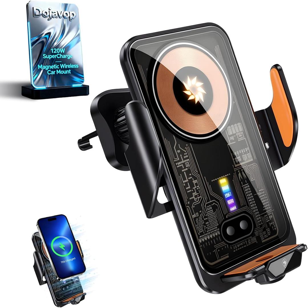 Fast Wireless Car Charger Wireless Charging Phone Mount for Car Magnetic Navigation Car Phone Holder Automatic Smart Sensor Clamping Rotating with Charger Station Fast Wireless Charger Max 120W(Black)