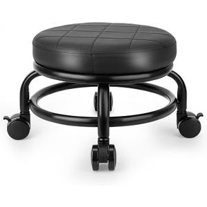 Low Roller Stool Low Height Rolling Stool Seat PU Leather Small Chair Foot Stool Round Rolling Stools for Home Office Garage Shop (Black)
