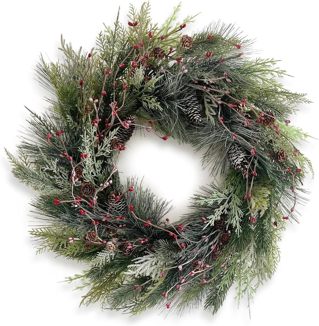 24" Green Winter Wreath, Artificial Pine Cone & Holly Front Door Wreath for Christmas Farmhouse Indoor Outdoor Decor
