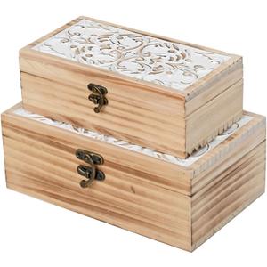 Wooden Storage Box Set of 2 - Hand Carved Floral Decorative Boxes with Hinged Lids - Solid Pine Keepsake Organizer for Jewelry, Photos, and Rustic Farmhouse Home Décor