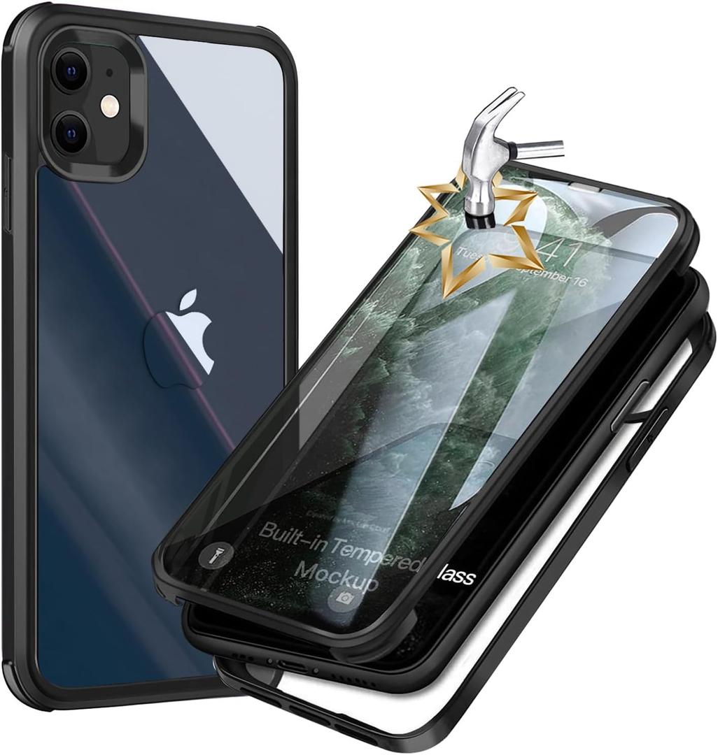 UBUNU for iPhone 12/ iPhone 12 Pro Case with Screen Protector [Built in 9H Tempered Glass], 360 Full Body Protection Dual Layer Clear Protective Phone Case for Men Women 6.1 inch - Black
