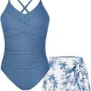 Girls One Piece Swimsuit with Cover Up Spaghetti Strap Cutout Ruched Bathing Suit Criss Cross Straps Swimwear (Blue, 13-4Y)