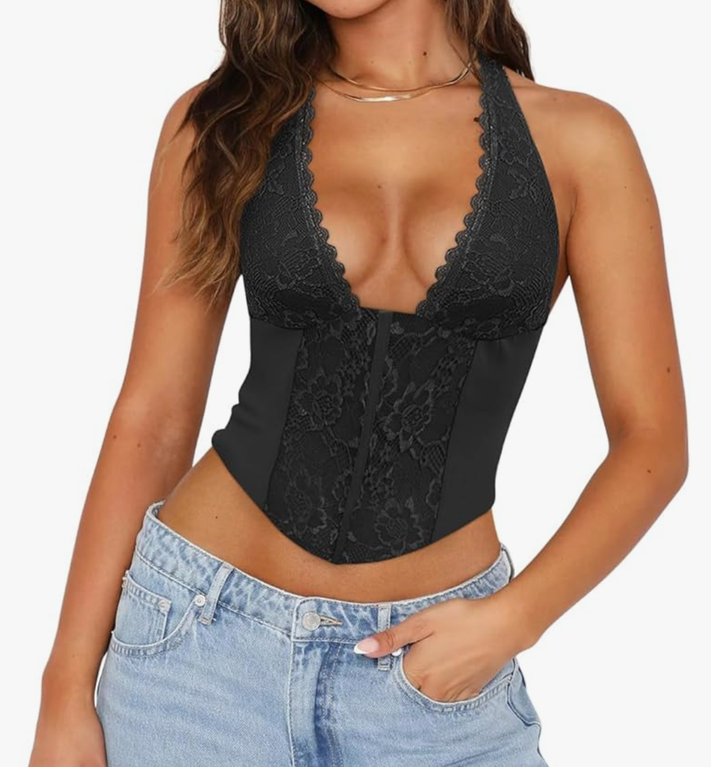 Women Sexy Lace Halter Neck Tank Top Sleeveless Backless Y2k Trendy Going Out Corset Crop Tops, L