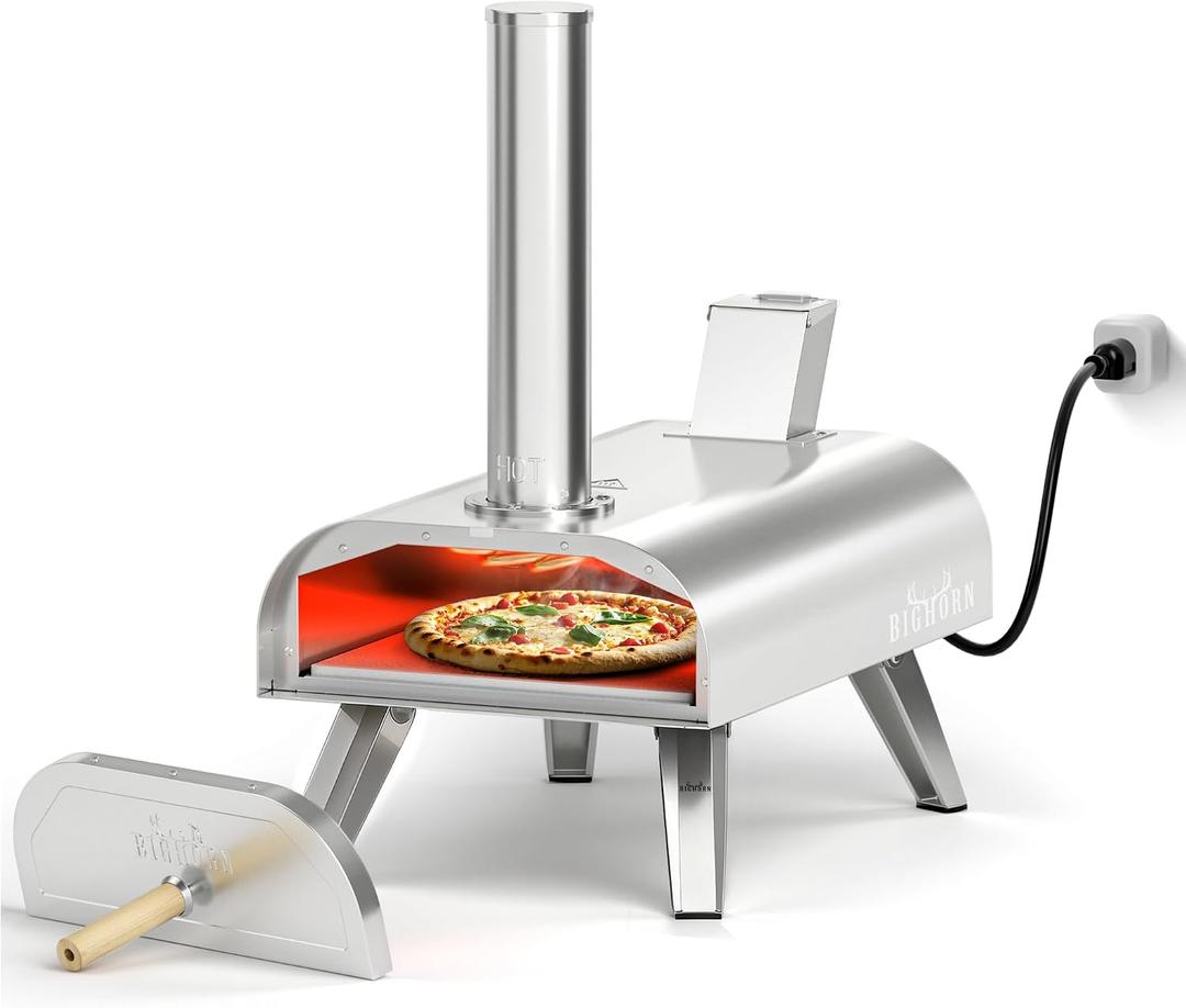 BIG HORN OUTDOORS 12" Dual Fuel Pizza Oven Electric & Wood Pellet, Indoor & Outdoor High-Temp Pizza Maker (1000F) with Pizza Stone for Wood-Fired Flavor