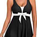 Aleumdr Women Printed Two Piece Tankini Swimsuits Tummy Control Swim Dress High Waisted Boyshort with Pockets (Medium, Black)