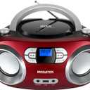 MEGATEK Portable CD Player Boombox with FM Radio, Bluetooth, USB Port, AUX Input, and Headphone Jack  CD-R/CD-RW/MP3-CD Compatible, Clear Stereo Sound, Backlit LCD Display  Cherry Red