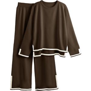 Tanming Women's 2 Piece Outfits Long Sleeve Knit Sweater Top Wide Leg Pants Lounge Sets Tracksuits (Large, Coffee)
