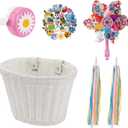 Kids Bike Basket, Bike Basket Front Bike Accessories for Girl Boys, Woven Bicycle Basket with Stickers, Bike Bell, Windmill, and 1pairs Colorful Ribbons Tassels (White)