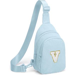 Viverte Small Corduroy Sling Bag Initial Crossbody Bag Fanny Pack for Girls Personalized Birthday Gifts for Teen Girls Gifts (Icing Blue)