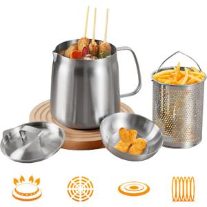 PUCOHOUSE 304 Stainless Steel Deep Fryer Pot with Basket & Strainer,Frying, Cooking, Camping,Oil Filter Container,2L2Qt)