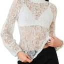 Women's Long Sleeve Floral Lace Top Sexy See Through High Neck Slim Fitted T Shirt Y2k Going Out Sheer Blouse (White, S)