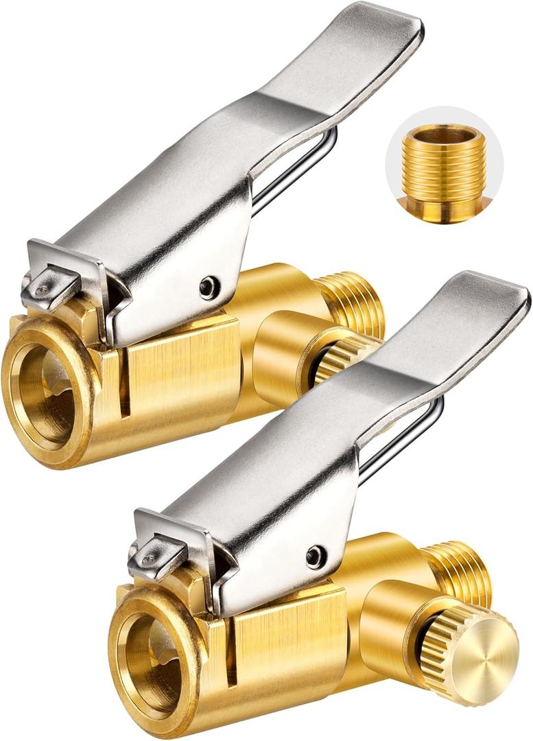 2-Pack Locking Tire Air Chuck, Brass Tire Inflator Hose Adapter w/Clip Adapter & Release Button for Lock On, No Leakage Air Compressor Pump Clip On Tire Chuck Nozzle Adapter Connect Accessories Tool (Quick Release Type)