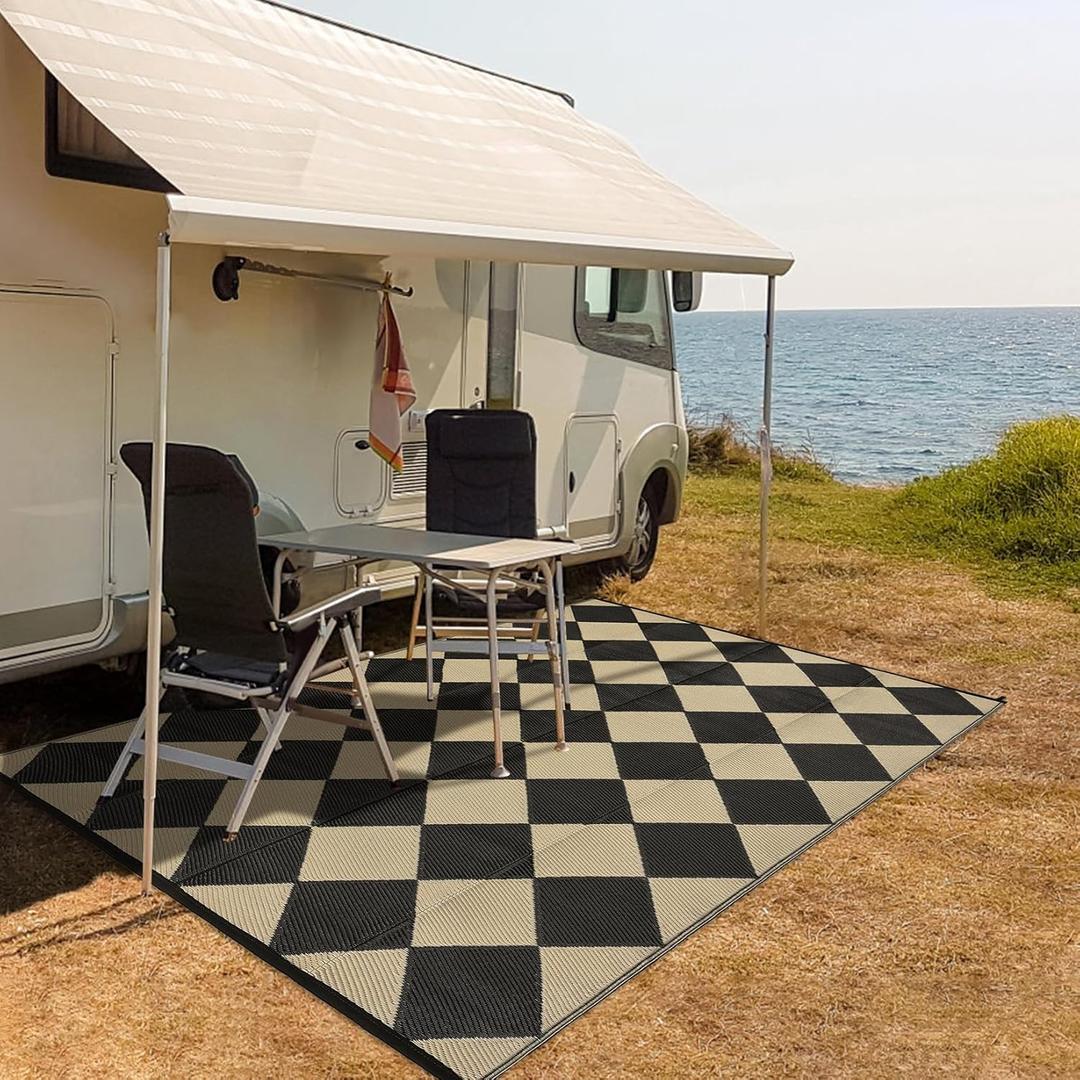 Garvee Outdoor Rug Carpet Waterproof 10x14 Reversible Patio Rug RV Camping Rug Plastic Straw Rug Outside Indoor Outdoor Area Rug for Patio Deck Picnic Beach (Black and Coffee)