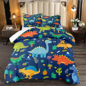 Cute Blue Dinosaur Comforter Set for Kids Teens - Queen Size, Soft Breathable All Season Quilt 3Pcs with 2 Pillowcases (Ad1)