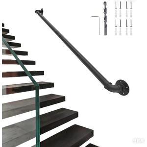 Handrail Wall,Stair Railing Indoor, 3FT Pipe Railing, Metal Staircase Handrail,Black handrails for Indoor & Outdoor Stairs,Grab Bars for Wall,Steps Baluster
