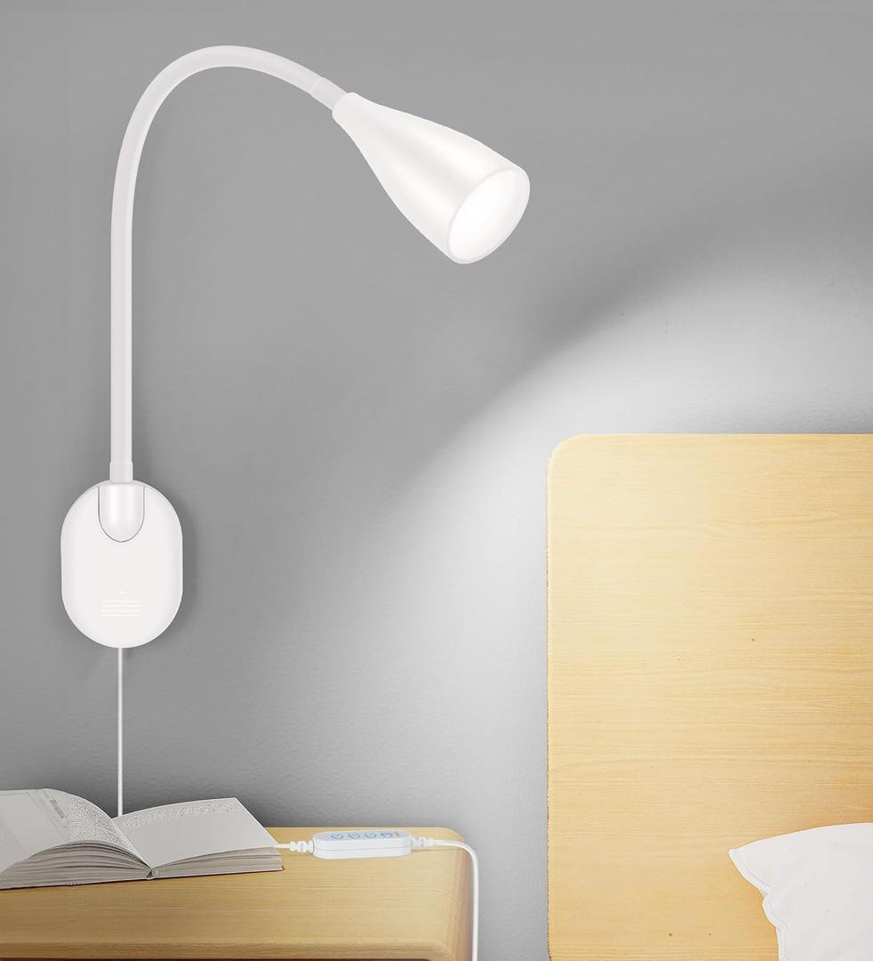 Wall-Mounted LED Bedside Reading Light with USB Charging Port, 10-Level Dimmable & Adjustable 5 Color, Plug-in Adhesive Night Lamp for Books in Bed, Eye-Caring Bedroom Lighting (White)