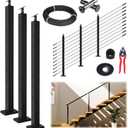 Muzata 10-15ft Complete Set 36" Stair Cable Railing Post Kit for 25-35 Stair Include 3Pack Black Posts PS01, 200ft Wire Rope, Cable Railing System DIY Kit (No Handrail) RWS1 BA4S