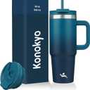 30 oz Tumbler with Handle and 2 Straws,2 in 1 Lid Insulated Water Bottle Stainless Steel Travel Coffee Mug,Indigo Black
