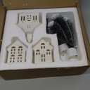 ZTL 7PCS Christmas Village Sets - 3 LED Lighted Ceramic White Christmas Village Houses with Remote & 4 Trees, Porcelain Miniature Christmas Figurines Decorations for Home Tabletop Mantel Shelf Decor