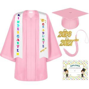 Lasnten Matte Kindergarten Graduation Gown Cap Tassel Set with 2026/2027 Charm Stole Accessories for Kids Grad Gift (Pink, XS)