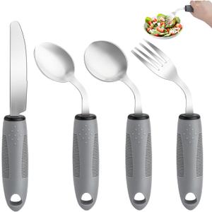 Weighted Adaptive Utensils, 4Pcs Weighted Utensils for Hand Tremors, 45Angled Parkinsons Utensils for Elderly, 3.5oz Weighted Built Up Utensils for Adults, Disabled, Parkinson, Right-Handed