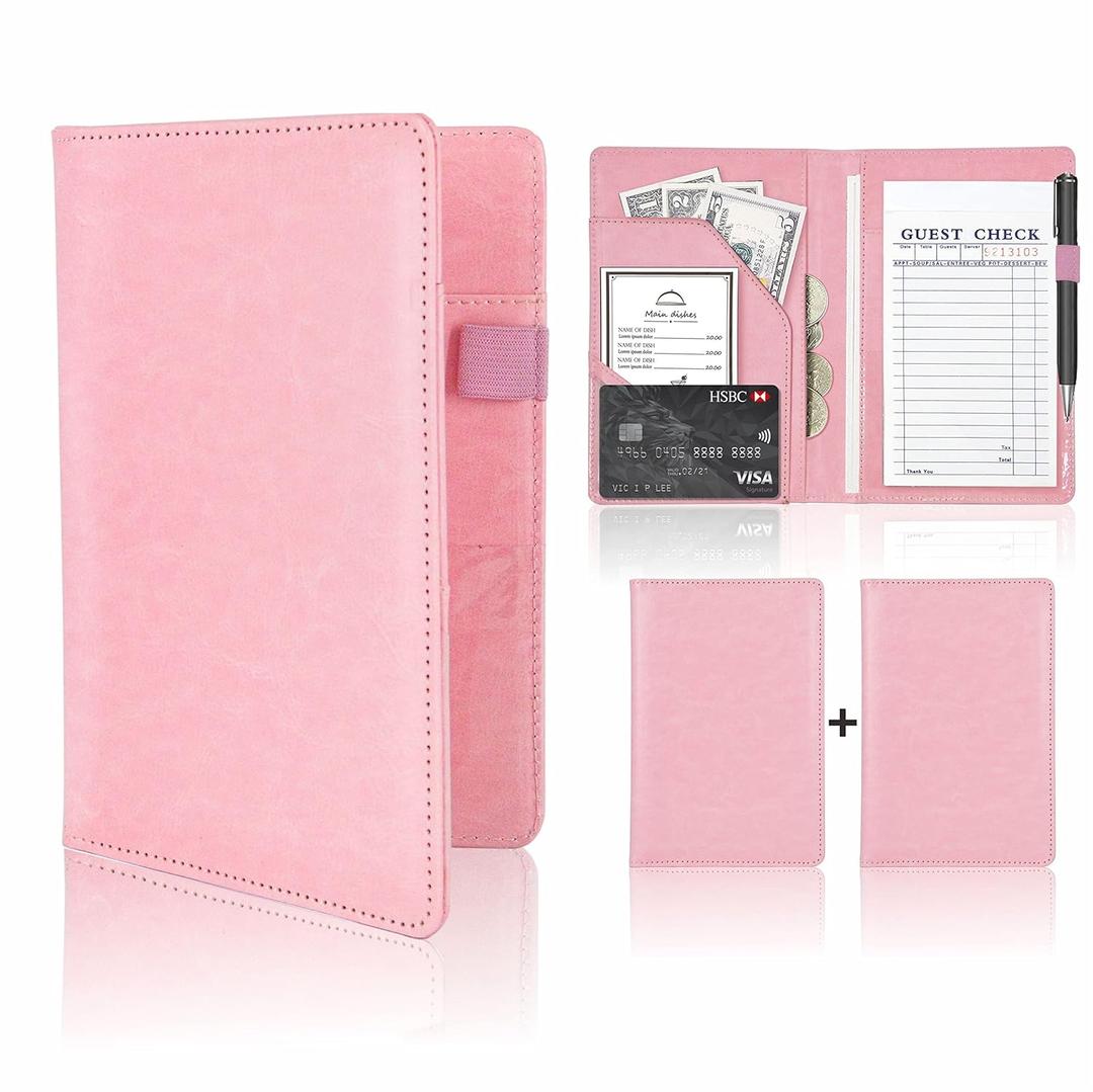 (2 Pack of) Server Book for Waitress and Waiter  VNKI 8 Pockets PU Leather Waitress Book Organizer  Cute Server Book, Guest Checks Book Holder Money Pocket Fit Server Apron (Pink)