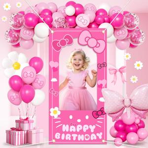 Birthday decorations for girls,Happy Birthday Banner, 35 Balloons,Pink bow Foil Balloon,Photo Booth Props for women (Pink Cat)