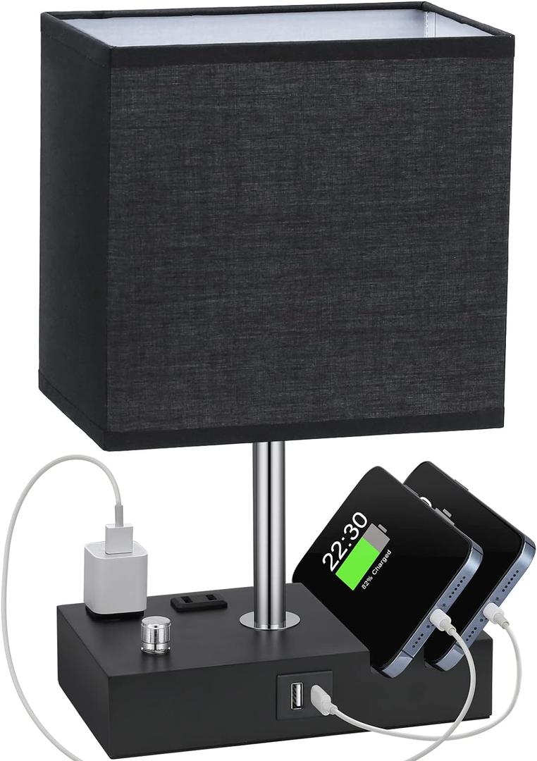 Kakanuo Table Lamp for Bedroom with Dual USB Ports, Fully Dimmable Black Bedside Lamp with Phone Stands and 2 Charging Outlets, Desk Lamp for Nightstand and Living Room, LED Bulb Included (1 Pack)