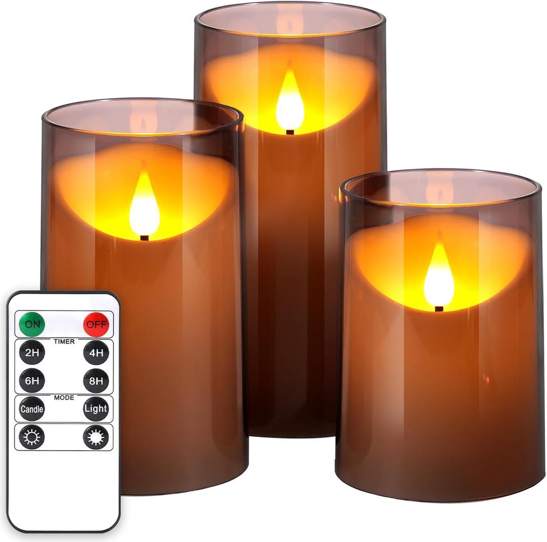 NURADA Flameless Candles with Remote Timer: 3D Wick Battery Operated Led Pillar Unbreakable Acrylic Fake Candle Set for Home Decoration Romantic Ambiance - Grey 3 Pack (4"x5"x6", Gray)