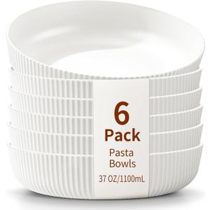 HOMQUEN Pasta Bowls Set of 6, 37oz Salad Bowls White Soup Bowls, Large Pasta Serving Bowls, Unbreakable Plastic Dinner Bowls, Dinnerware Sets,Valentines Day Gift, Dishwasher Safe (White)