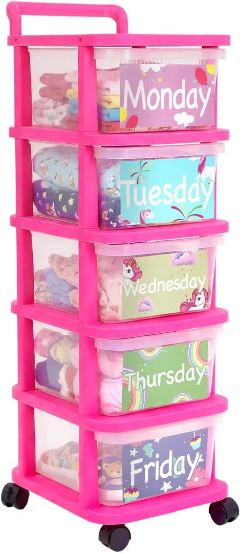 Wesiti 5 Shelf Weekly Clothes Organizer for Kids Days of The Week School Closet Organizer with Labels Wheel Plastic Clothes Storage for Monday Through Friday Essential Stuff(Week,Rose Red)