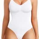BRABIC Womens' Seamless Sleeveless V-Neck Bodysuit Shapewear Tummy Control (X-Small-Small, White Thong)