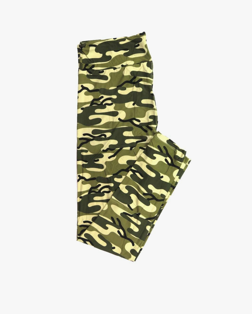 Lularoe Tall Curvy (TC fits Sizes 12-18) Camoflage Brown Green Black Buttery Soft Adult Leggings, Pack of 2