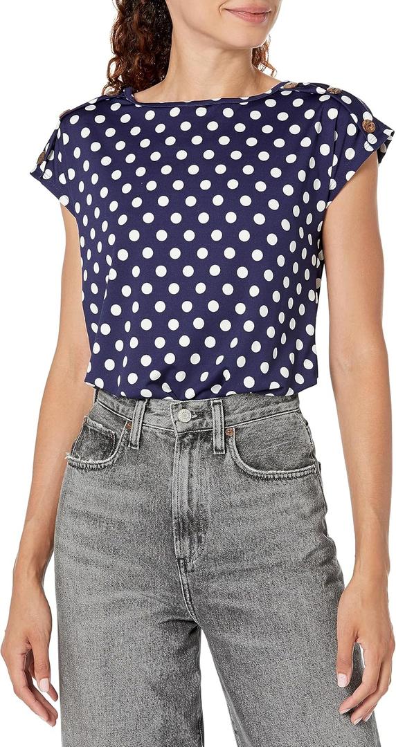 Star Vixen Womens Button Shoulder Top (Navy Dot) XL Star Vixen Womens Button Shoulder Top (Navy Dot) XL