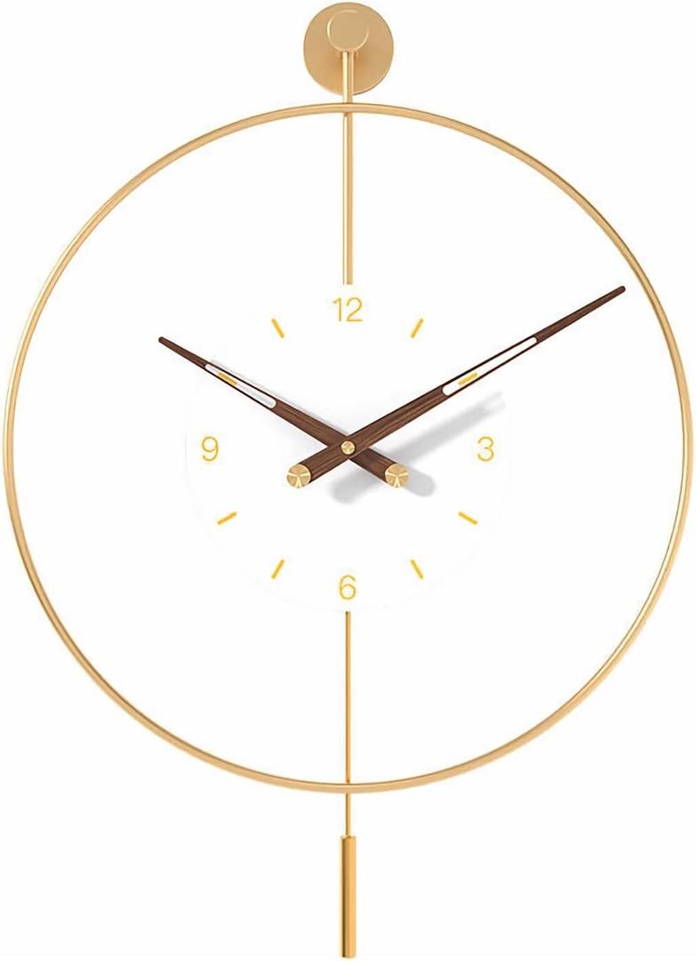 SHISEDECO Classical Large Pendulum Wall Clock, Decorative and Metal Frame, with Glass Face, Modern Silent Design, Battery Operated Clocks for Living Room, Kitchen, Bedroom, Office (Gold/20)