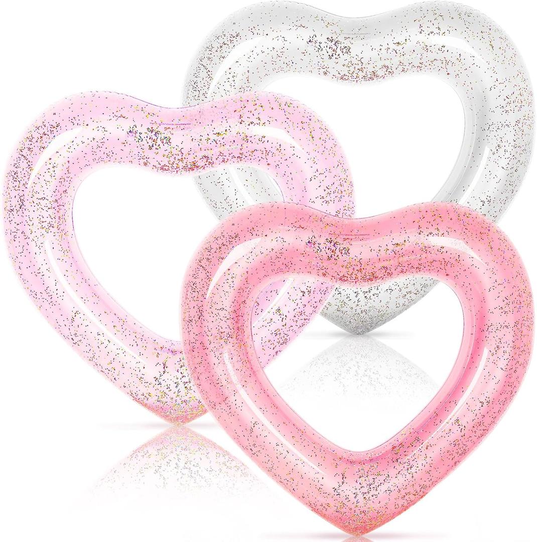 Whaline 3Pcs Inflatable Heart Pool Float Swim Heart Shaped Pool Rings Float Loungers Tube for Summer Swimming Pool Beach Bachelorette Party (47.3 x 39.4 Inch, Glitter Multi Color)