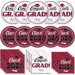 Graduation Decorations 2026, 200 Pcs Class of 2026 Graduation Party Supplies Kit with Paper Plates, Luncheon and Cocktail Napkins, Congrats Grad Decorations for 50 Guests (Maroon)