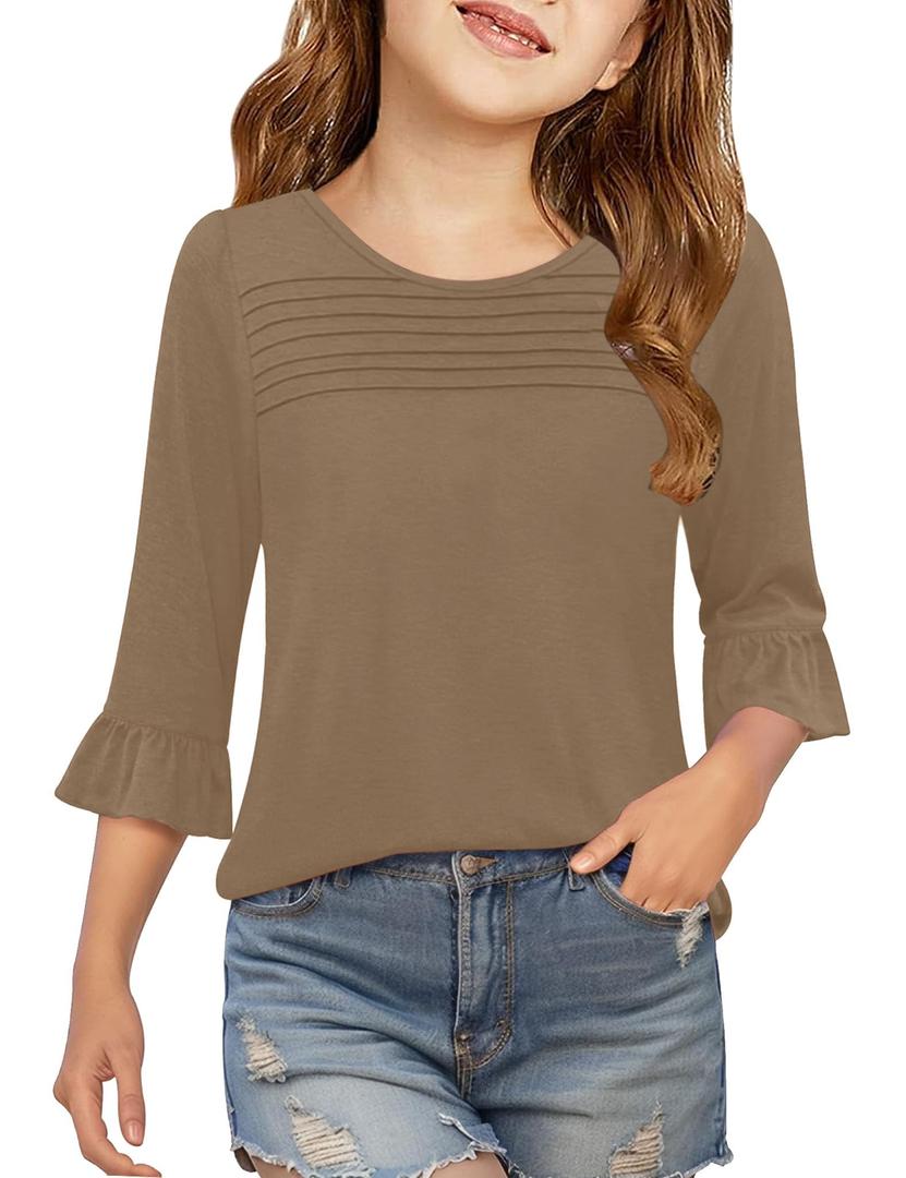 Sunborui Girls Summer 3/4 Length Sleeve Tops Casual Cute Shirts Ruffle Bell Sleeve Front Pleated Blouses (Brown,13 Years) (Brown, XL)