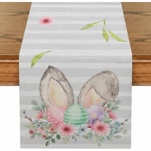 2 x Striped Bunny Rabbit Ears Flower Easter Eggs Table Runner Spring Holiday Kitchen Dining Table Decoration for Indoor Outdoor Party Decor 13 x 36 Inch (Red)