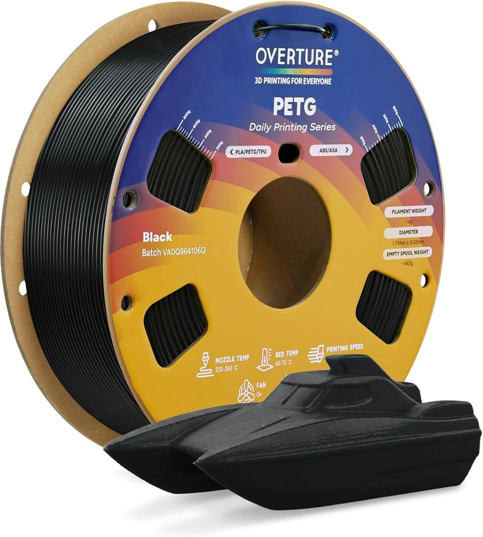 OVERTURE PETG 3D Printer Filament 1.75mm, Neatly Wound Durable PETG 1kg Spool (2.2lbs), Strong Toughness Filament, Dimensional Accuracy +/- 0.02mm, Fit Most FDM Printers (Black (1-Pack))