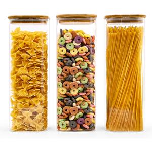 SHOWIN Glass Pasta Storage Jars Square 73oz, 3 Pack Glass Jars With Bamboo Lids, Tall Kitchen Storage Containers For Pasta, Storage For Pantry Organizers