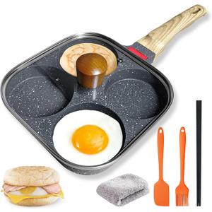 4Cup Nonstick Egg Pan Set with Lid Aluminum Omelette Skillet for Breakfast, Includes Silicone Scraper, Oil Brush, Chopsticks & Cleaning Cloth Compatible with Gas & Induction Cooktops (Black)