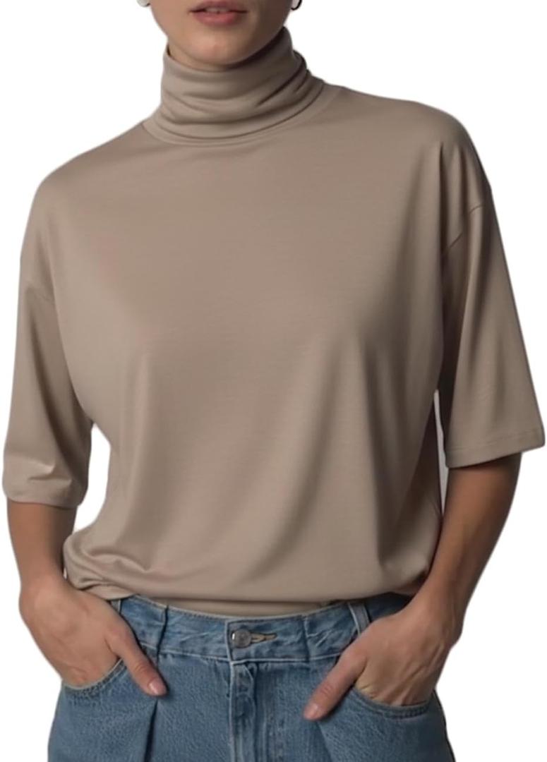 Womens Oversized Turtleneck Tops Mock Neck Tee Tunic Summer 2026 Casual Going Out T-Shirts Trendy Pullover Clothes, Large