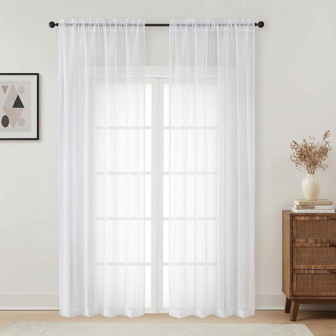 White Sheer Curtains 90 inches Long - Striped Pattern Light Filtering Semi Sheer Curtains for Bedroom, Window Treatment Rod Pocket Drapes 2 Panels, Each 42Wx90L Inches