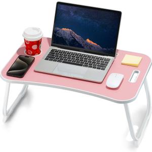 Laptop Bed Desk, Foldable Lap Table, Portable Study Table, Laptop Stand with Cup Holder & Tablet Slot & Lifting Handle for Working Writing Drawing & Eating - Pink