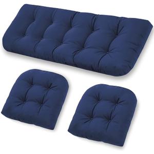 Wicker Furniture Cushions Set, Waterproof Patio Cushions for Outdoor Chairs 3 Pieces, 1 Loveseat & 2 Seat Pads Thick Outdoor Replacement Cushions for Porch Lawn Bench Couch Sofa, Navy Blue, 3pcs